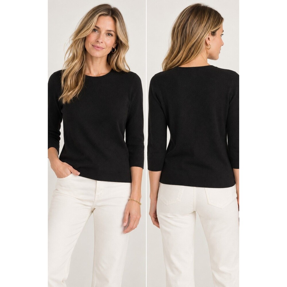 NWT Talbots Petites Pure Cashmere Sweater Size LP Black 3/4 Sleeve Crewneck